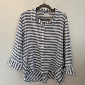 Habitat Grey White Striped 100% Linen Button Down Shirt 3/4 Ruffle Sleeve XL